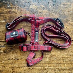 Frenchie Bulldog - Harness, Leash, Poop Bag - Set of THREE - Red Tartan